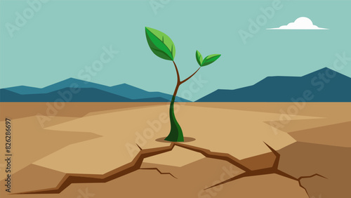 A plant sprouting from a crack in a barren desert representing growth in the face of adversity.. Vector illustration