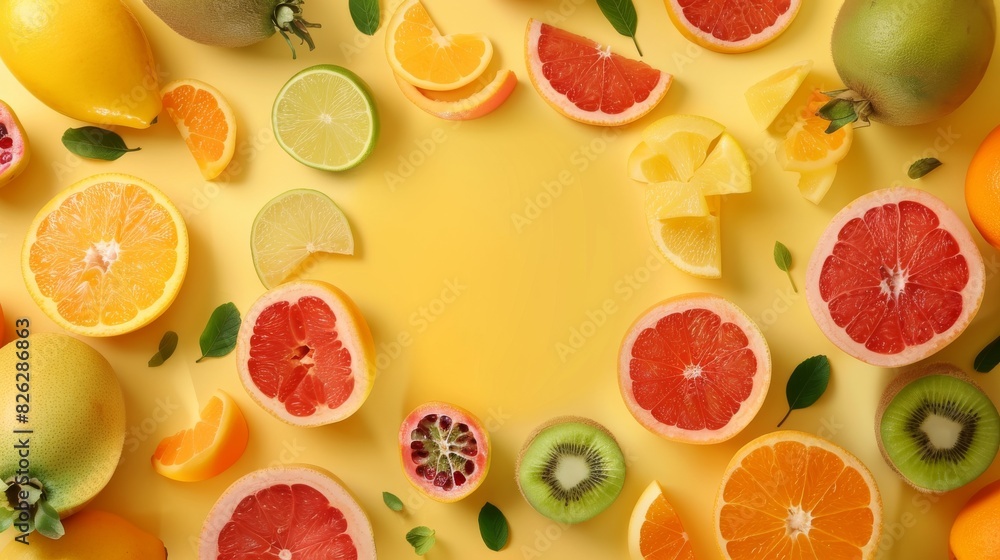 Vibrant citrus fruit frame with oranges, grapefruits, and limes on a yellow background Vibrant citrus fruit frame with oranges, grapefruits, and limes on a yellow background