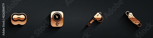 Set Bar of soap, Sauna thermometer, Wooden axe and Washcloth icon with long shadow. Vector