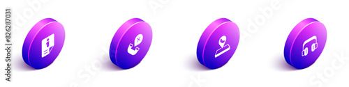 Set Isometric Information, Declined missed phone call, Call center location and Headphones icon. Vector