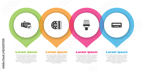 Set Check engine, Car tire wheel, air filter and audio. Business infographic template. Vector