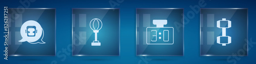Set Boxing helmet, Punching bag, Sport mechanical scoreboard and Dumbbell. Square glass panels. Vector