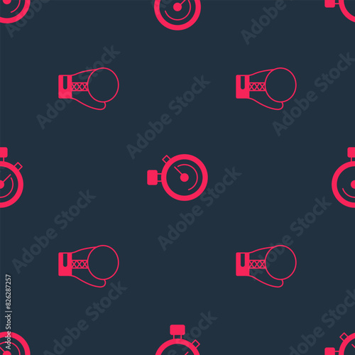 Set Boxing glove and Stopwatch on seamless pattern. Vector