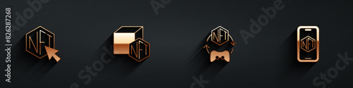Set NFT Digital crypto art, and Mobile with store app icon with long shadow. Vector