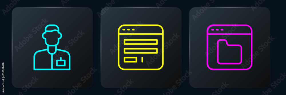 Set line Analyst engineer, Browser files and window. Black square button. Vector Set line Analyst engineer, Browser files and window. Black square button. Vector