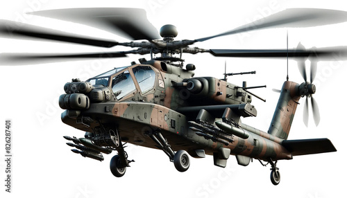 Large military helicopter in flight, isolated on a white background. The helicopter has a rugged and powerful appearance with a camouflage paint job.