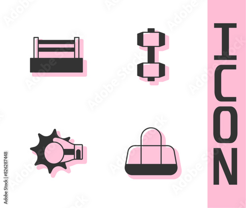 Set Sport bag, Boxing ring, Punch boxing glove and Dumbbell icon. Vector
