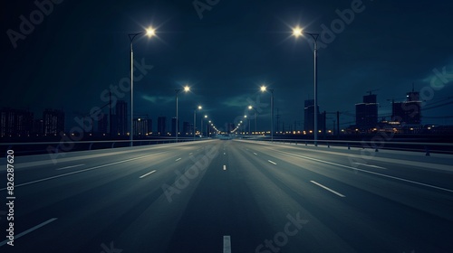 An empty expressway with modern streetlights casting a cold, clinical light on the smooth asphalt, and the dark silhouettes of buildings in the background 32k, full ultra hd, high resolution photo