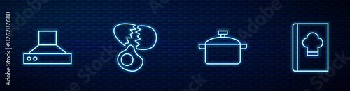Set line Cooking pot, Kitchen extractor fan, Broken egg and Cookbook. Glowing neon icon on brick wall. Vector