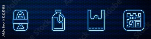 Set line Paper shopping bag, Fish plastic tray container, Bottle for cleaning agent and QR code. Glowing neon icon on brick wall. Vector