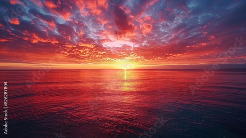 A breathtaking sunrise over a vast ocean  with the sky painted in hues of orange  pink  and purple.