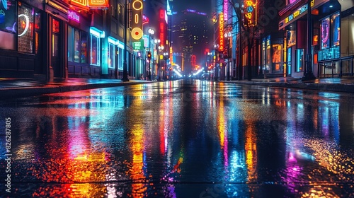 An empty urban street with wet asphalt reflecting the colorful lights of neon signs and streetlights  creating a moody nighttime scene 32k  full ultra hd  high resolution