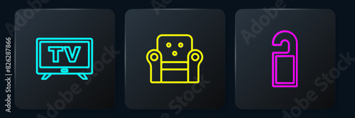 Set line Smart Tv, Please do not disturb and Armchair. Black square button. Vector