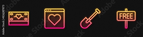 Set line Shovel, Donation and charity, Dating app online and Free sign. Glowing neon icon. Vector