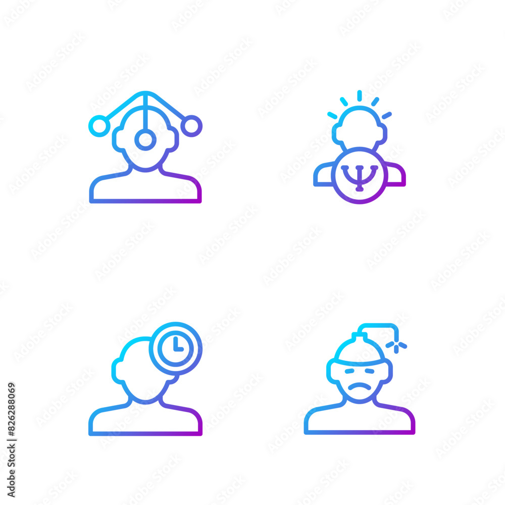 Set line Concussion, headache, Insomnia, Hypnosis and Psychology. Gradient color icons. Vector Set line Concussion, headache, Insomnia, Hypnosis and Psychology. Gradient color icons. Vector