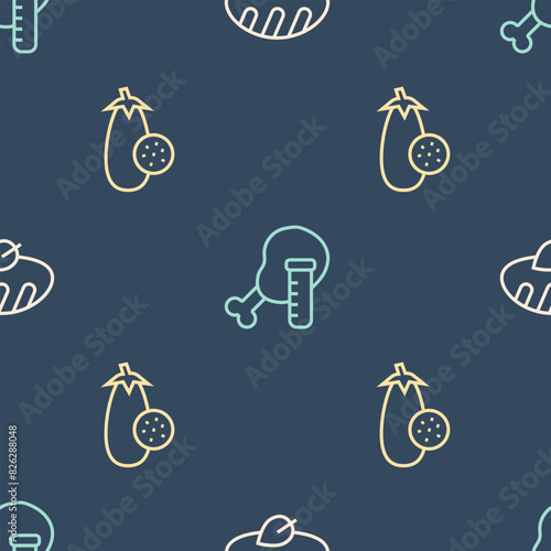 Set line Vegan bread loaf, Eggplant and Genetically modified chicken on seamless pattern. Vector