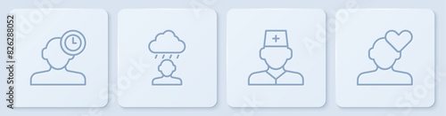 Set line Insomnia, Male doctor, Depression and frustration and Broken heart divorce. White square button. Vector
