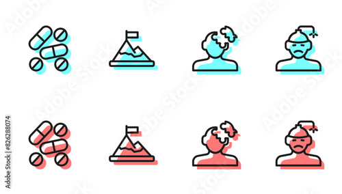 Set line Solution problem in psychology, Medicine pill or tablet, Mountains with flag top and Concussion, headache icon. Vector