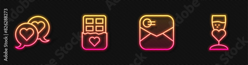 Set line Envelope with Valentine heart, Heart speech bubble, Chocolate bar and Glass of champagne. Glowing neon icon. Vector