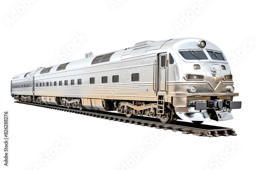 Modern silver passenger train isolated on white background, depicting fast and efficient transportation. Perfect for travel and transport concepts.