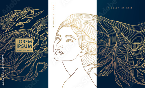 Vector set of art deco beauty background. Line feminine, woman portrait with long hair. Spa, salon, cosmetic design elements, logo concept, package.