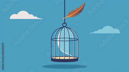An empty birdcage with a single feather drifting out representing the dreamers release from past obligations and restrictions.. Vector illustration