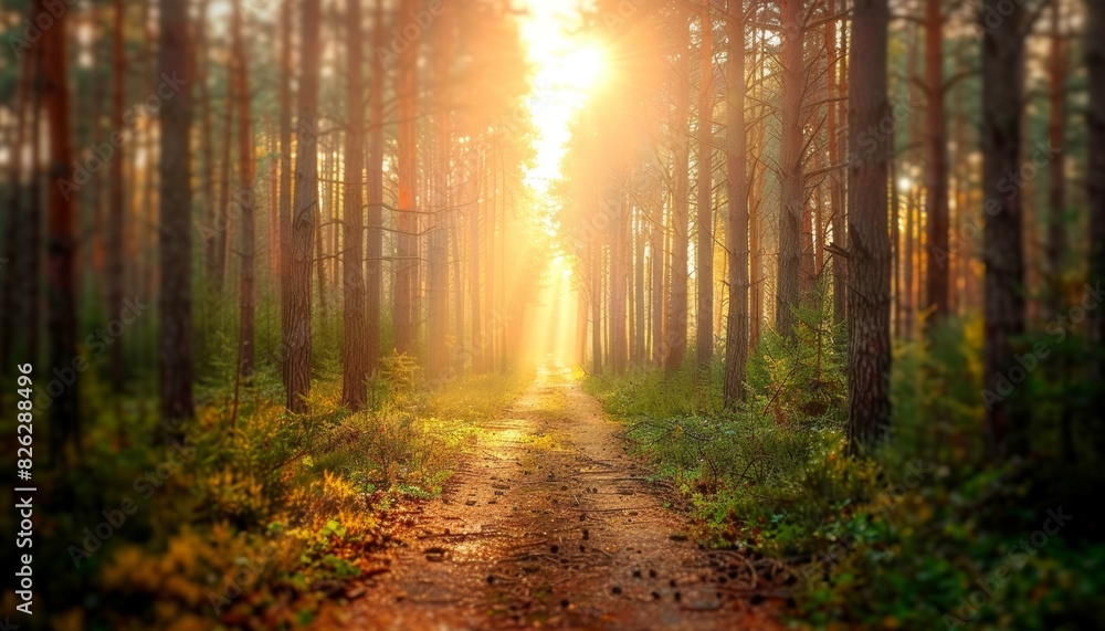 Fototapeta premium Beautiful trees and scenic path in forest with sunlight streaming through branches