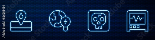 Set line Archeology, Oilfield, Global planet with bulb and Seismograph. Glowing neon icon on brick wall. Vector