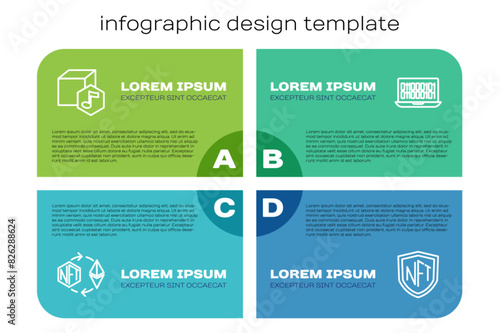 Set line Ethereum exchange NFT, Digital crypto art, shield and Binary code. Business infographic template. Vector