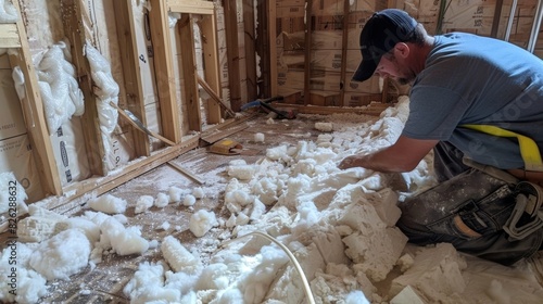 A contractor evaluating the thickness and placement of existing insulation before adding more to a renovation project.
