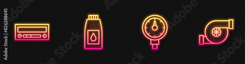 Set line Tire pressure gauge, Car audio, Canister for motor machine oil and Automotive turbocharger. Glowing neon icon. Vector