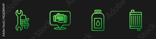 Set line Canister for motor machine oil, Car service, Check engine and radiator cooling system. Gradient color icons. Vector