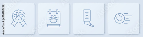 Set line Pet award symbol, Drinker for small pets, Calendar grooming and toys ball. White square button. Vector