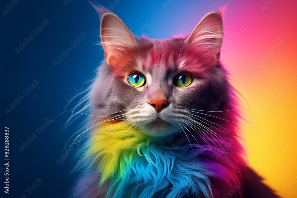 Cat with rainbow fur stands proudly in front of rainbow backdrop. LGBTQ Cat with rainbow fur stands proudly in front of rainbow backdrop. LGBTQ