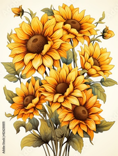 Beautiful illustration of vibrant yellow sunflowers with green leaves