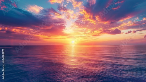A breathtaking sunrise over a vast ocean, with the sky painted in hues of orange, pink, and purple. © tanongsak