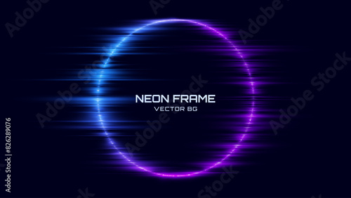 Neon Circle Frame. Blue and Purple Neon Lights Round Sign. Abstract Cyberpunk Background Tunnel Portal. Geometric Glow Outline Shape. Abstract Vector Background With Space For Your Text.