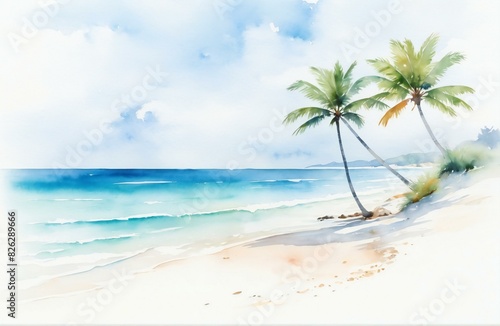 A watercolor painting captures the serene beauty of the beach, set against a pristine white background. The soft hues and gentle brushstrokes evoke a sense of calm and tranquility.