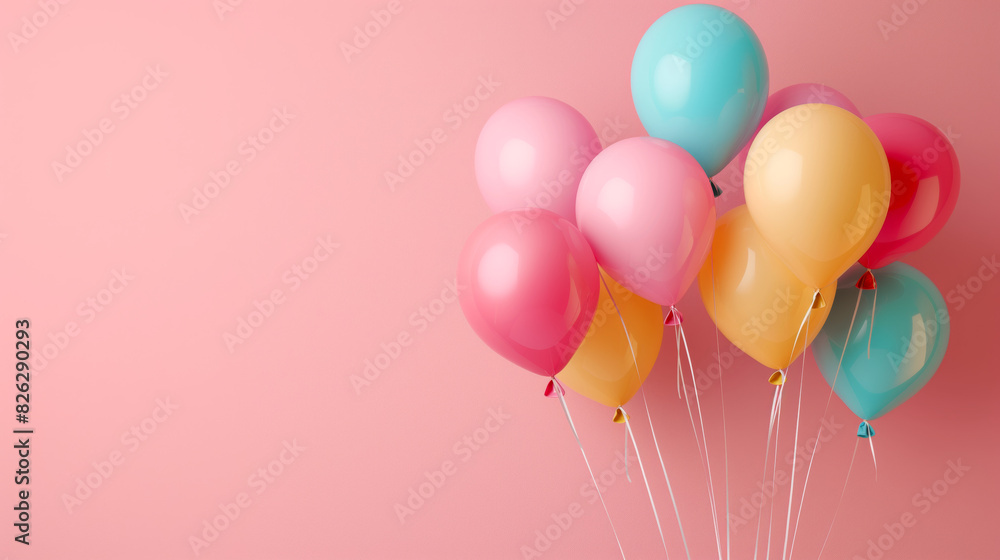 Pastel-colored balloons floating against a pink background, suggesting a festive or celebratory mood