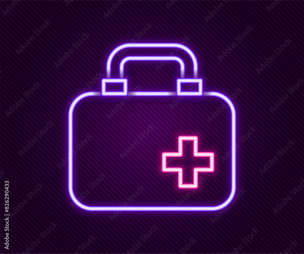 Glowing neon line First aid kit icon isolated on black background. Medical box with cross. Medical equipment for emergency. Healthcare concept. Colorful outline concept. Vector Glowing neon line First aid kit icon isolated on black background. Medical box with cross. Medical equipment for emergency. Healthcare concept. Colorful outline concept. Vector