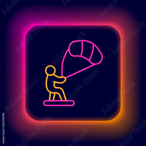 Glowing neon line Kitesurfing icon isolated on black background. Colorful outline concept. Vector