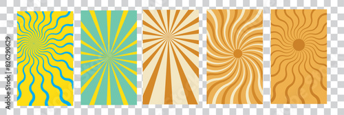 Groovy retro abstract sun backgrounds. Organic doodle shapes in trendy naive hippie 60s 70s style.Retro swirl sun groovy banner background. Abstract grunge sunburst ray.7891