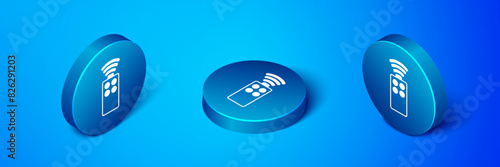 Isometric Remote control for the camera icon isolated on blue background. An auxiliary device that allows you to work with a camera from a distance. Blue circle button. Vector