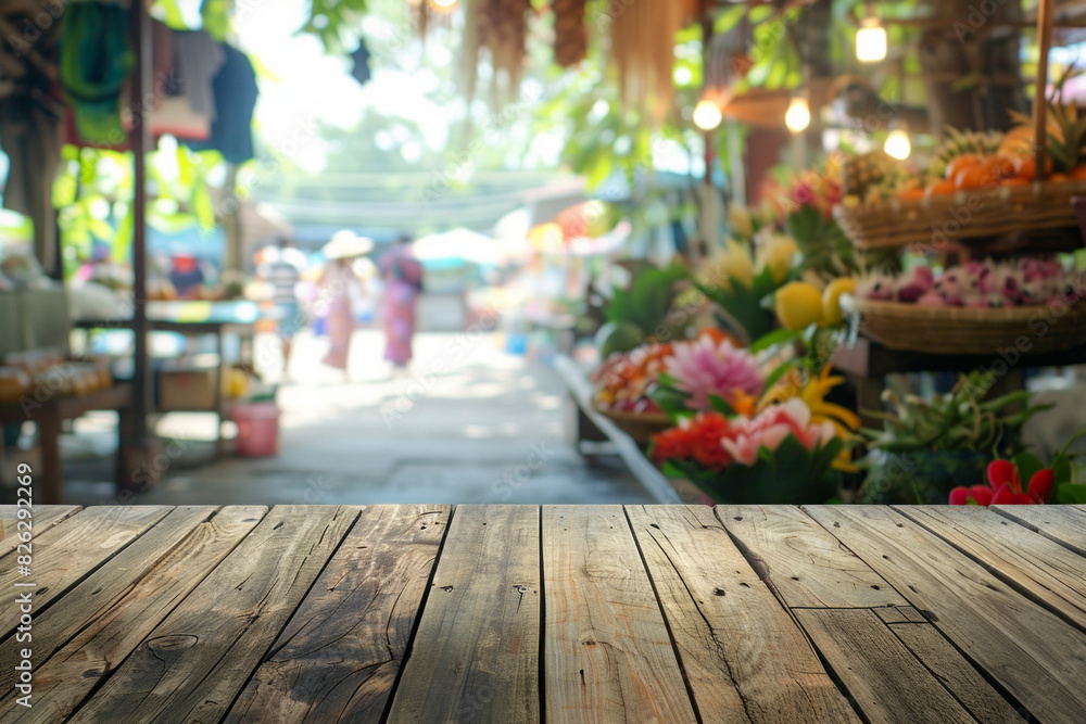 A wooden stall in the foreground with a blurred background of an open-air market. The background includes various vendors selling fresh produce, flowers, and handmade goods.