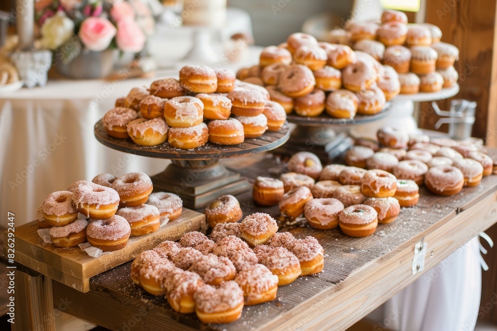 Lavish display of sugared donuts on tiered stands at a festive occasion