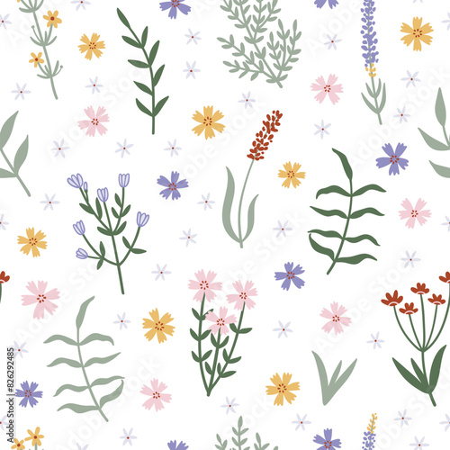 Simple wild flowers on white background seamless pattern