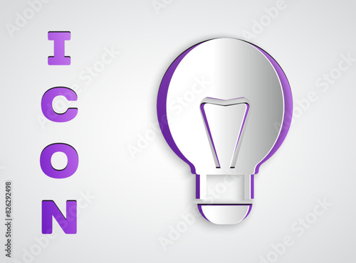 Paper cut Creative lamp light idea icon isolated on grey background. Concept ideas inspiration, invention, effective thinking, knowledge and education. Paper art style. Vector