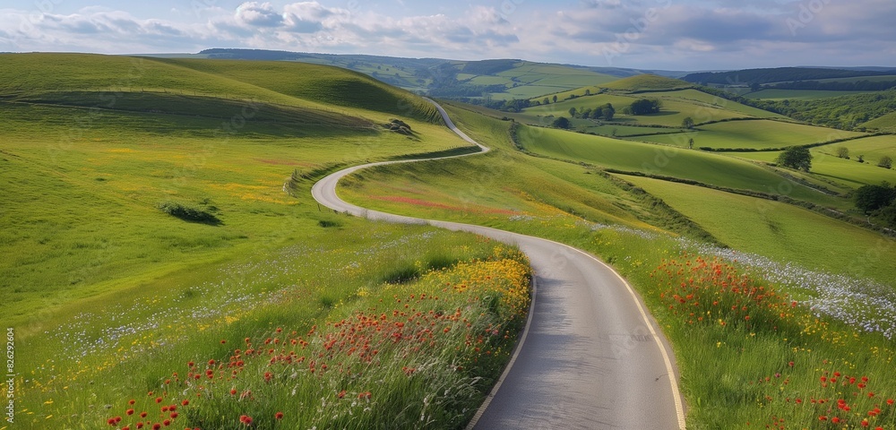 An overhead shot of a picturesque country road winding through rolling green hills and fields of wildflowers 32k, full ultra hd, high resolution
