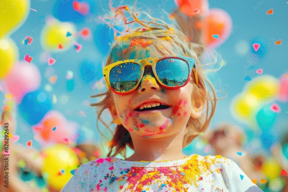 Joyful child in sunglasses during children's festival with paints and balloons Joyful child in sunglasses during children's festival with paints and balloons