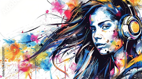 Painting of a woman with long hair listening to music using headphones with colorful paint splashes on a white background